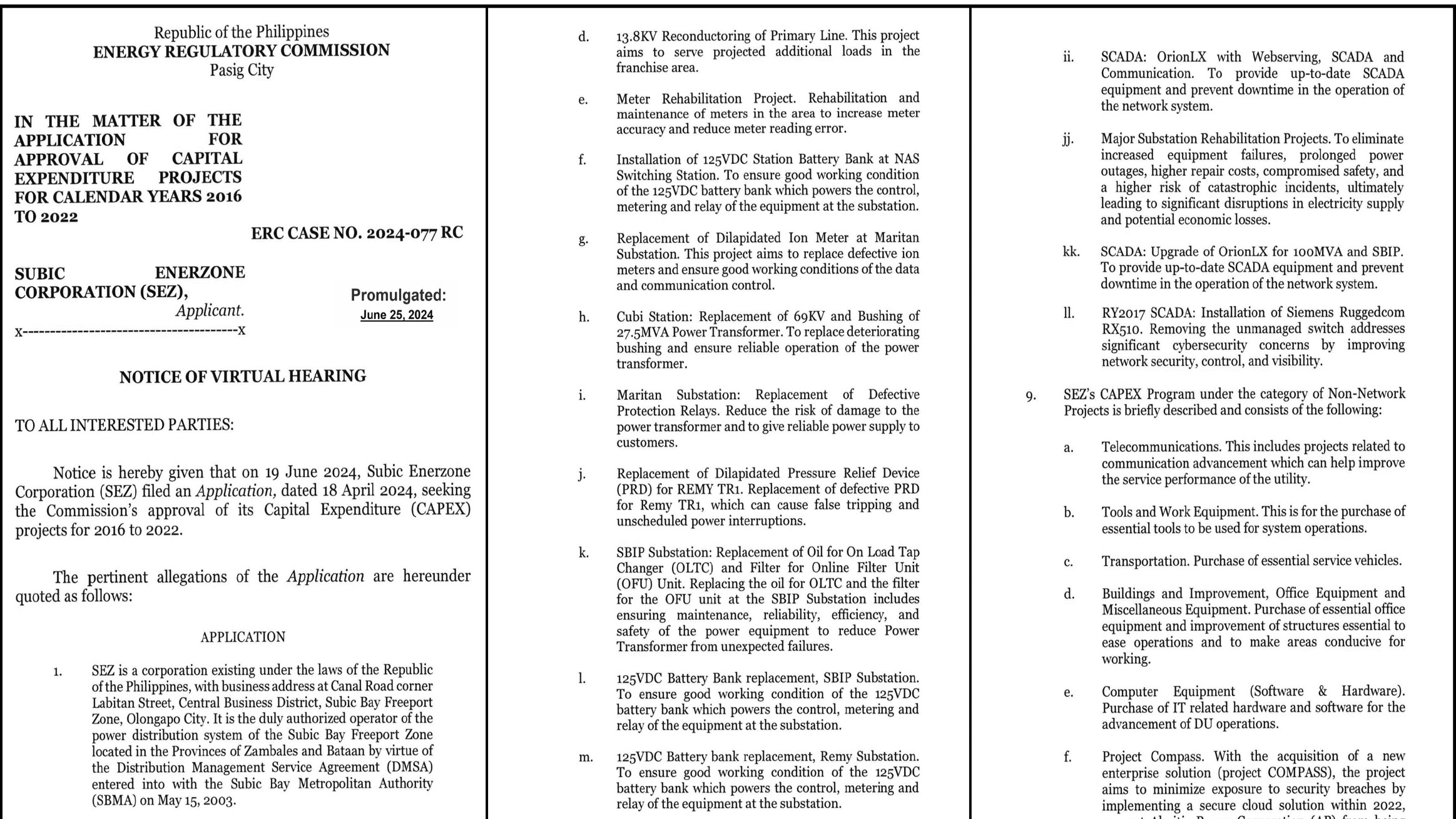 Notice of Virtual Hearing - Subic Enerzone Corporation
